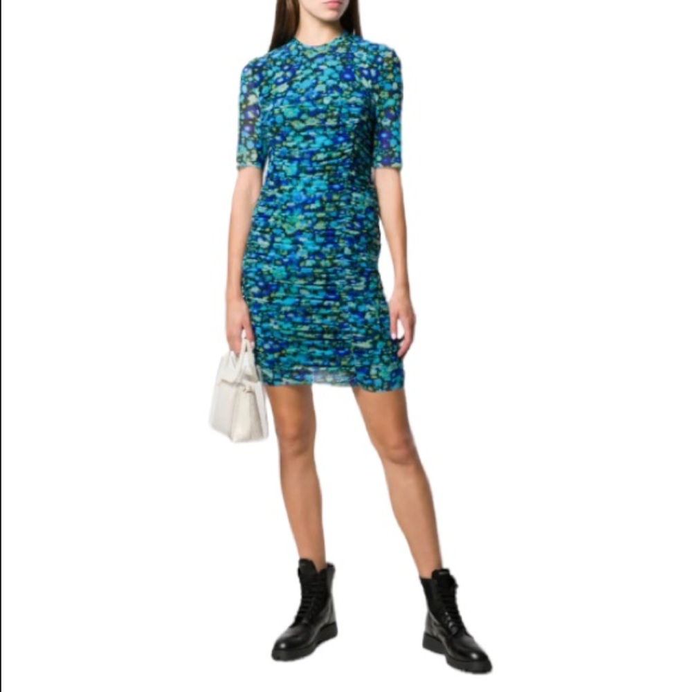 MATCHING SET: GANNI Ruched Floral Mini Dress WITH Matching Silk Scrunchie